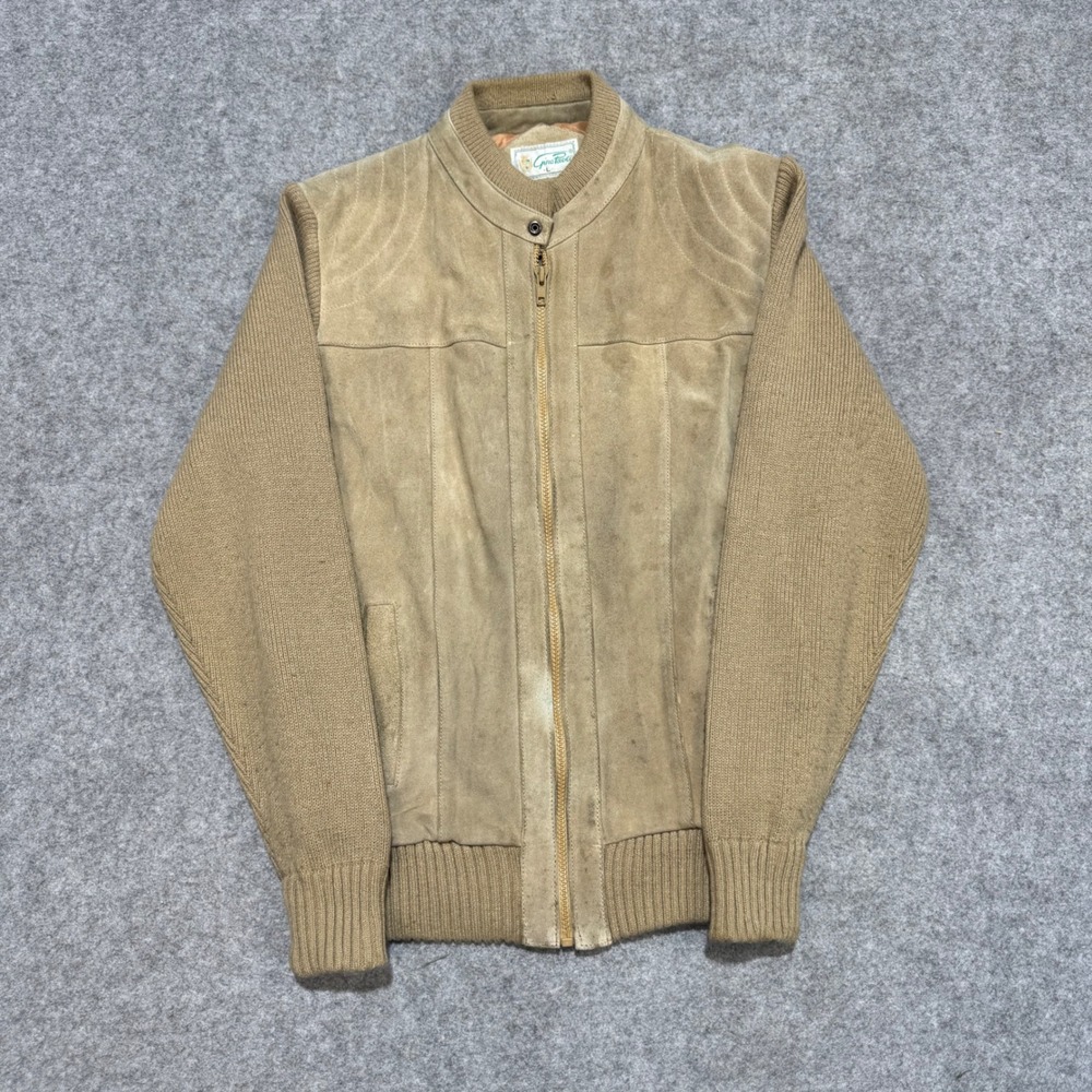 Vintage Gino Paoli Tan Suede Knit Bomber Jacket Mens Large Full Zip Mixed Media